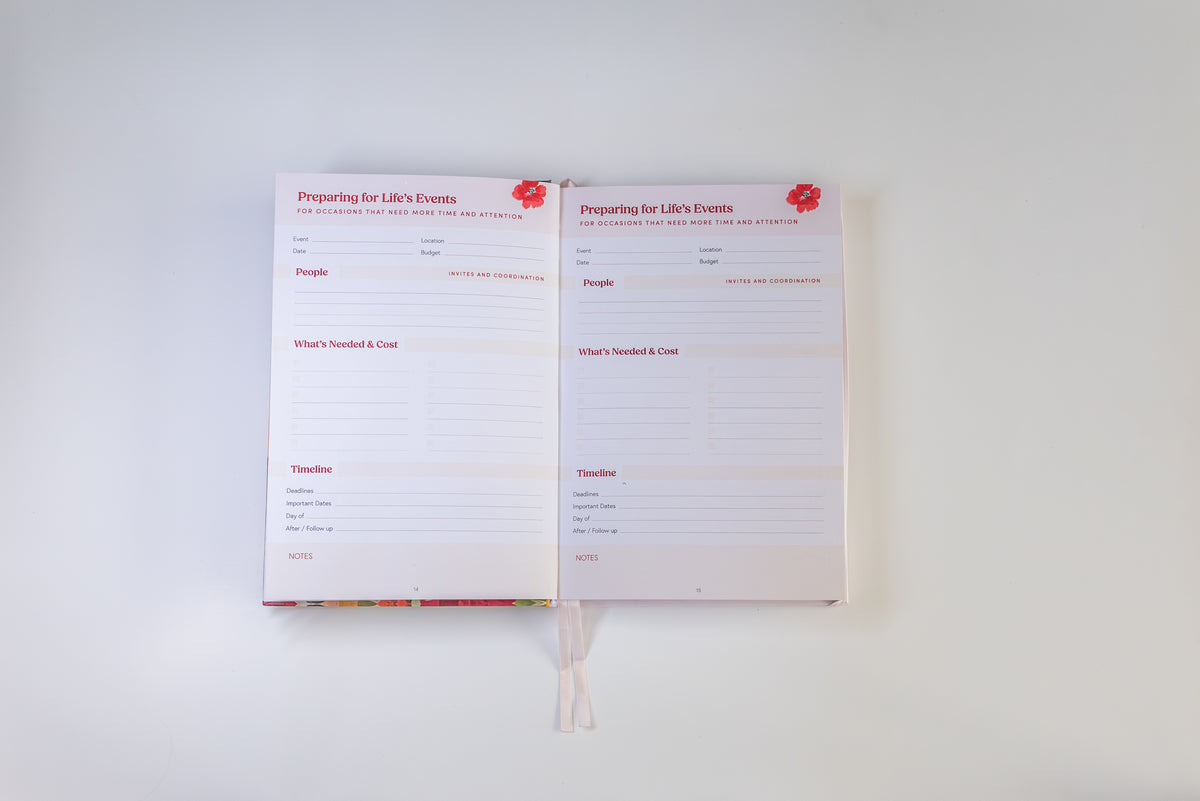 An open planner or journal spread showing two white pages with pink headings and lined writing areas, titled 'Preparing for Life's Events,' photographed against a plain light background.