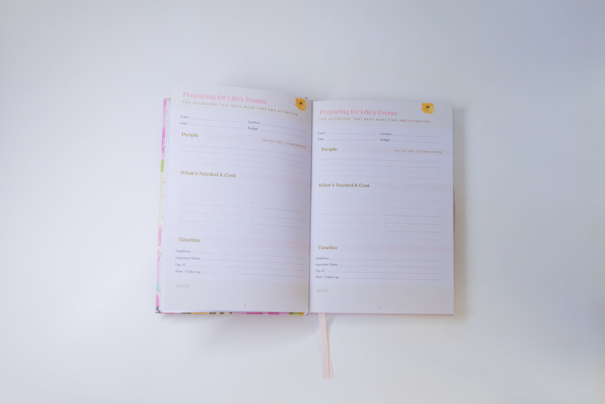 An open planner or journal with lined pages and printed prompts, photographed from above on a plain white background.
