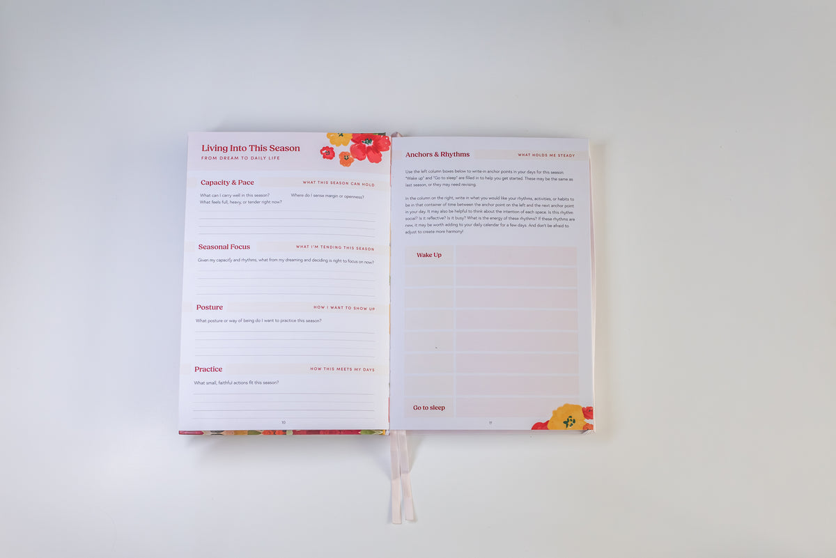 An open booklet or planner spread on a plain light background, showing printed pages with red headings, black text, and small floral corner illustrations. No person, animal, or real environment is present.