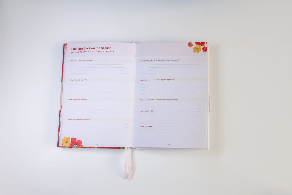 An open floral journal or planner on a clean white background, showing lined pages with red text and small red and yellow floral illustrations in the corners.