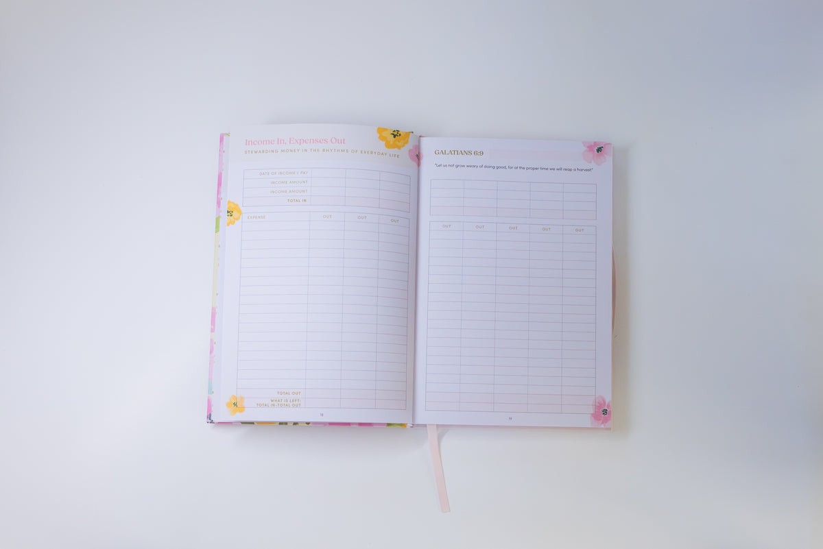 An open floral planner or notebook with two lined pages, photographed from above on a plain white background.