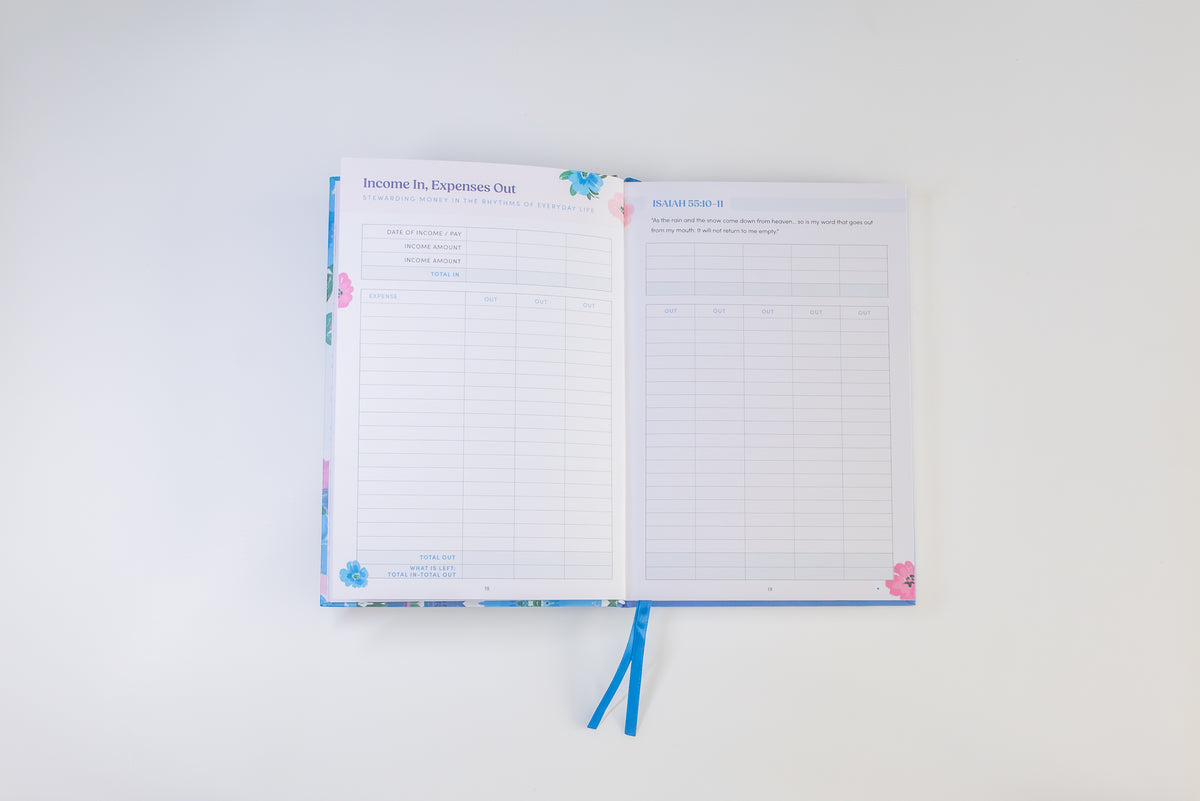 An open budget planner with two pages spread out, featuring blue ribbon bookmarks, on a clean white background.