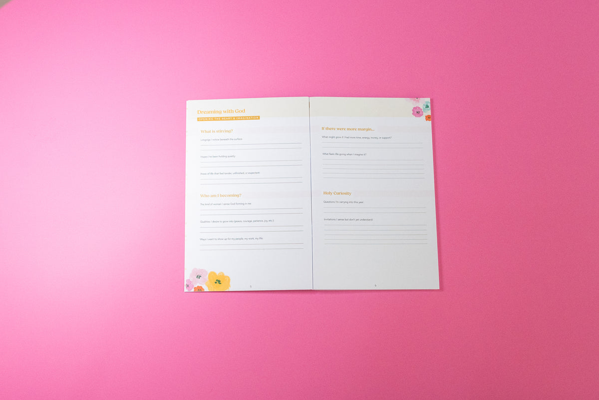 An open two-page printable worksheet or activity sheet with text and small floral corner illustrations, placed on a solid pink background.